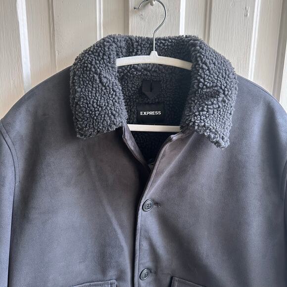 Express Faux Suede Sherpa-Lined Trucker Chore Jacket Charcoal Gray NWT - Picture 3 of 8